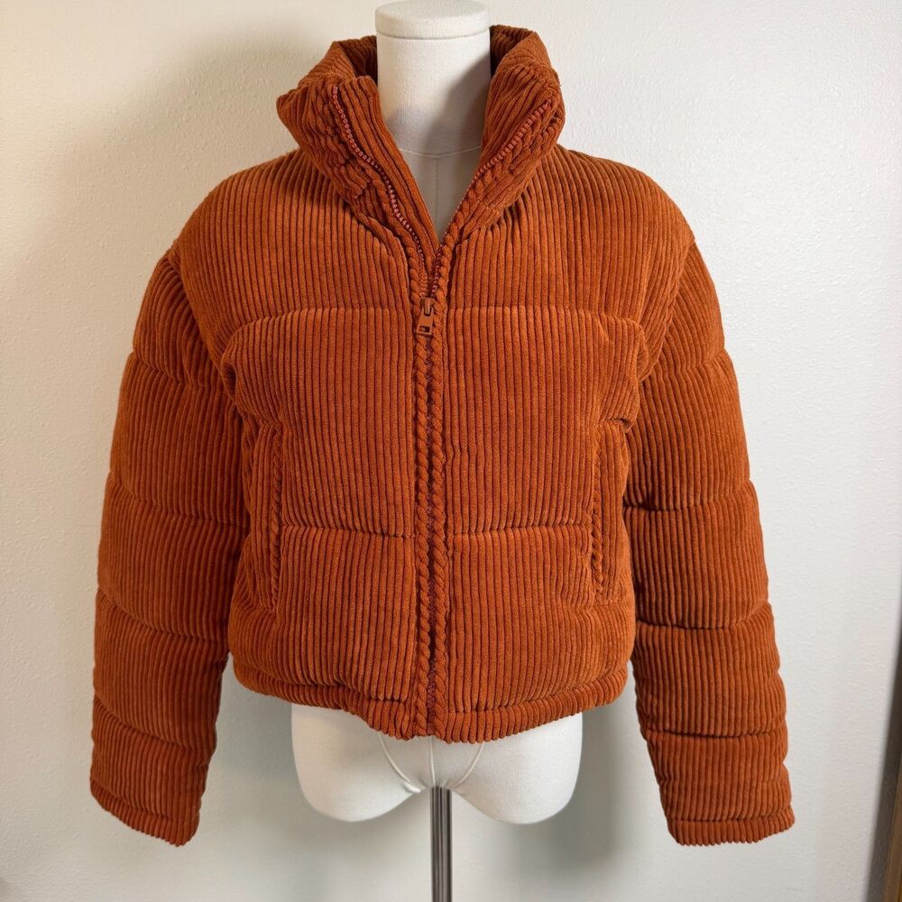 7 For All Mankind Women's S Rust Orange Corduroy Cropped Puffer Jacket